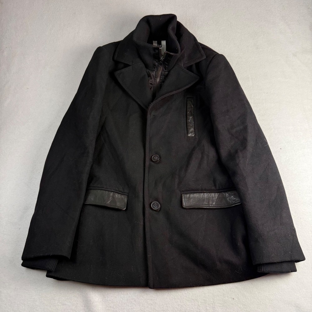 Soia &‎ Kyo Mens Black Wool Blend Coat Leather Trim Removable Bib Jacket Large